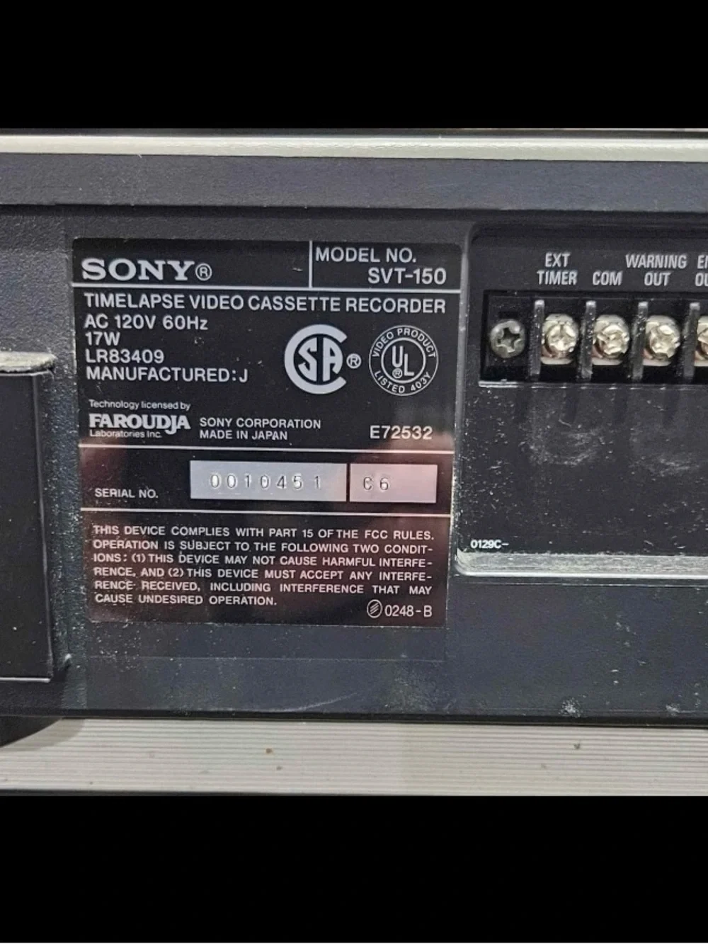 Sony Security System Time Lapse Recorder